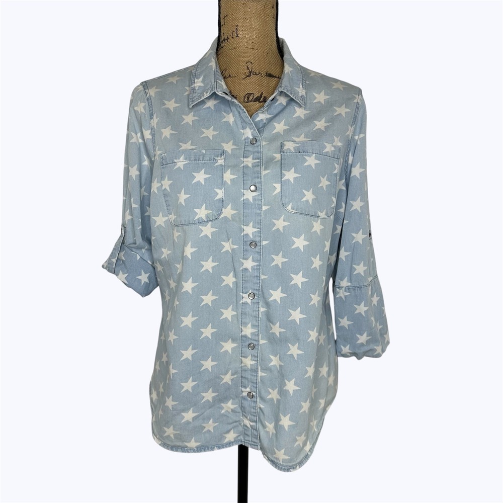 Cavalini Chambray Pearl Snap Shirt Star Print Roll Tab Western Patriotic Sz L